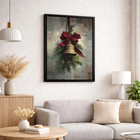 Red Ribbon Pine Branch Oil Painting Poster, Vintage Christmas Bell Wall Art, Festive Winter Holiday Print, Digital Download Seasonal Decor