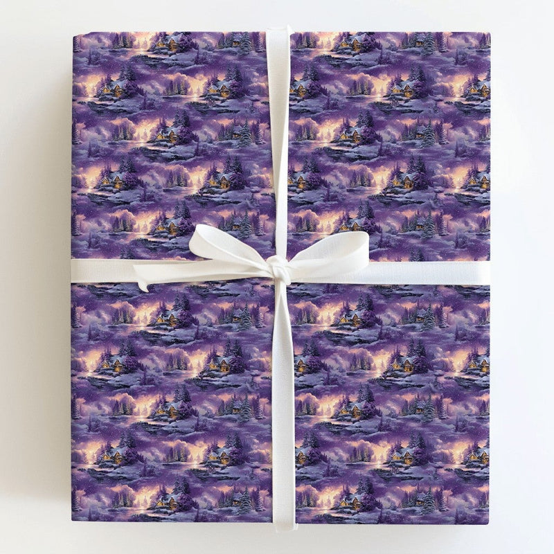 Purple Snowy Forest Gift Wrap, Winter Cabin Wrapping Paper, Comfy Cabin Christmas Wrapping Paper, Holiday Gift Wrap Roll, Winter Gift Wrap