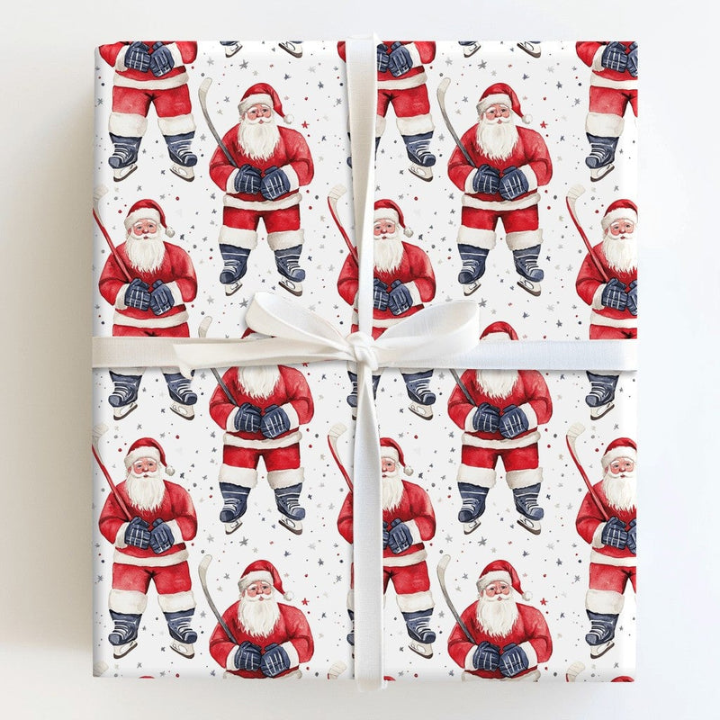 Watercolor Ice Hockey Christmas Gift Wrap, Hockey Santa Wrapping Paper, Festive Santa Gift Wrapping Paper, Holiday Wrap for Hockey Players