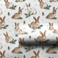 Adorable Winter Bunny Gift Wrap, Watercolor Rabbit Wrapping Paper, Pine Sprig Holiday Wrapping Paper, Nature Lover Christmas Present Wrap Roll