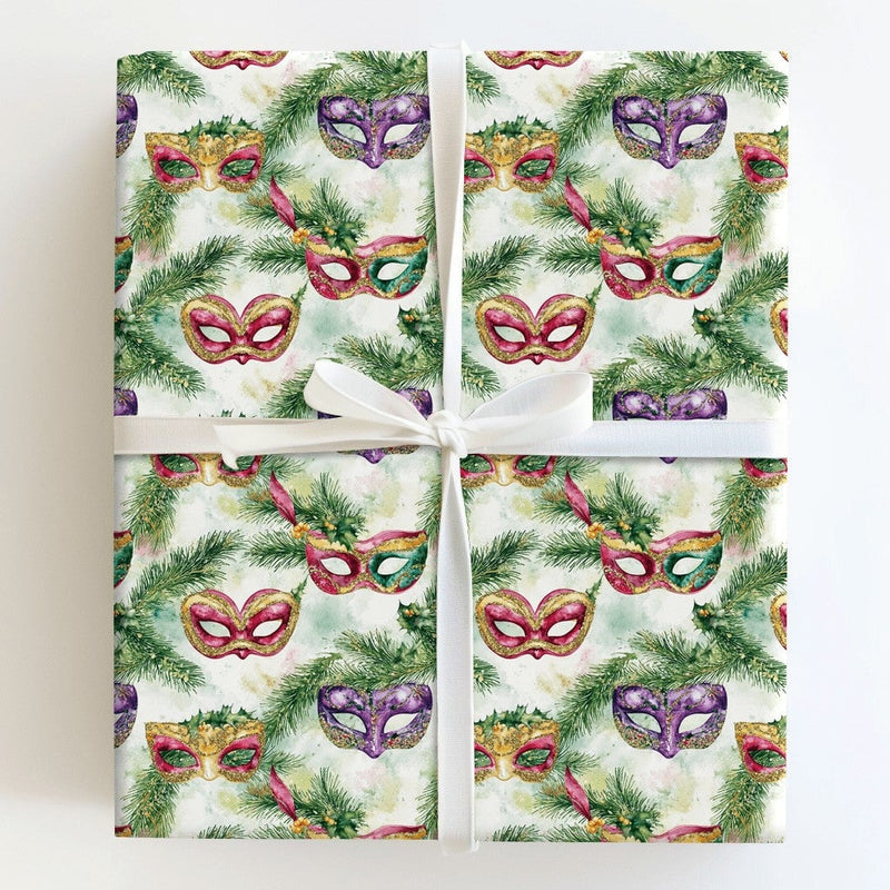 Venetian Mask Holiday Gift Wrap, Christmas Masquerade Wrapping Paper, Watercolor Festive Pine Gift Wrap, Winter Party Gift Wrapping Paper