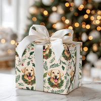 Christmas Wreath Dog Gift Wrap, Yellow Labrador Wrapping Paper, Holiday Holly Dog Wrapping Paper, Festive Pet Lover Gift Wrapping Paper