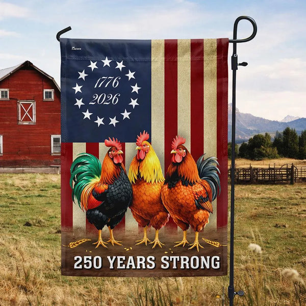 Patriotic Rooster Garden Flag 250 Years Strong 1776-2026 | American Independence Commemoration | Double-Sided Polyester | Farm Decor Gift