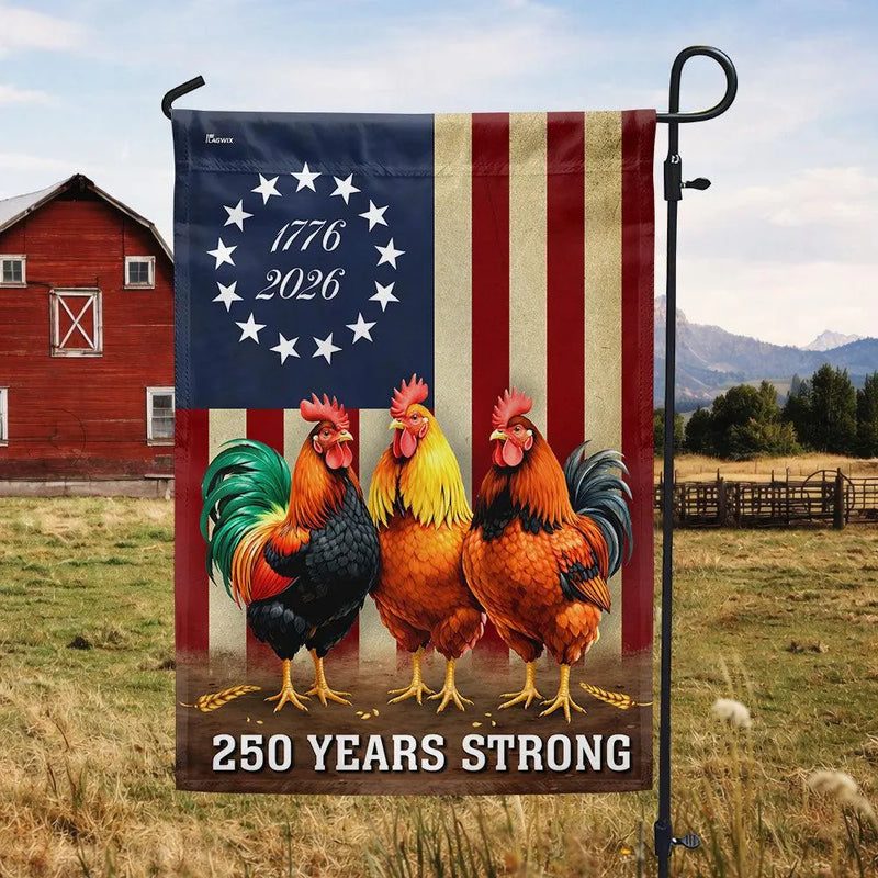 Patriotic Rooster Garden Flag 250 Years Strong 1776-2026 | American Independence Commemoration | Double-Sided Polyester | Farm Decor Gift