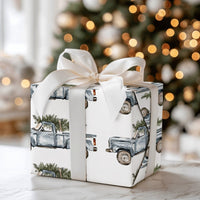 Farmhouse Tree Holiday Wrapping Paper, Vintage Blue Truck Christmas Wrapping Paper, Watercolor Rustic Xmas Gift Wrap, Winter Gift Wrap Roll