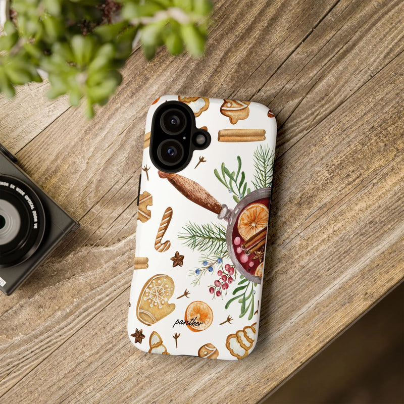 Watercolor Gingerbread Mulled Wine Holiday iPhone Case, Christmas Baking Phone Case for iPhone, Dual Layer Tough Phone Cover, Baker Present