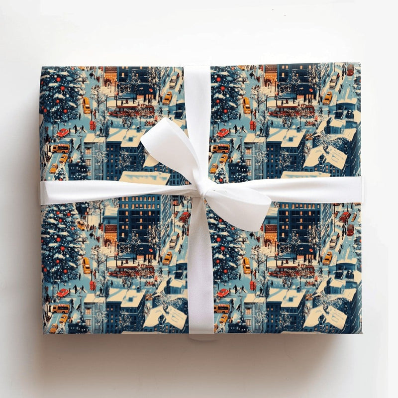 Yellow Taxi Cab Holiday Gift Wrap, Snowy City Christmas Wrapping Paper, Winter Street Scene Gift Wrap Paper, Urban Christmas Paper Rolls