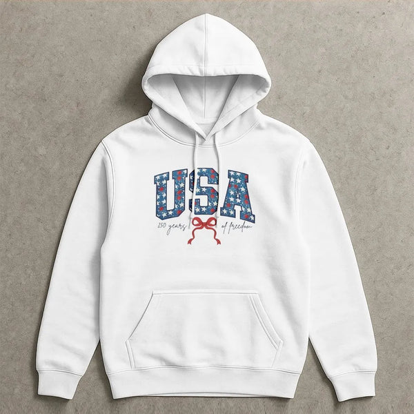 USA 250 Years of Freedom Hoodie | Patriotic Star-Filed Varsity Lettering with Coquette Bow | Soft Cotton-Blend Pullover | Gift for America 250th Aniversary