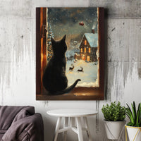 Santa Sleigh Window Canvas Print, Black Cat Christmas Canvas Wall Art, Comfy Holiday Cat Canvas, Winter Xmas Canvas, Cat Lover Present Decor