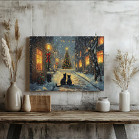 Snowy Village Cat Print, Black Cat Christmas Canvas Wall Art, Holiday Black Cat Poster, Winter Cat Scene Digital Download