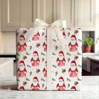 Festive Holly Pine Gift Wrap, Watercolor Santa Wrapping Paper, Christmas Santa Wrapping Paper, Holiday Workshop Apron Santa Present Paper