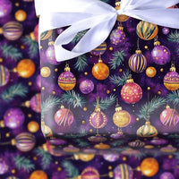 Gold Ornament Gift Wrap Roll, Purple Christmas Wrapping Paper, Elegant Holiday Present Wrap, Festive Xmas Tree Decor Wrapping Paper