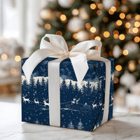 Reindeer Night Wrapping Paper, Santa Sleigh Christmas Wrapping Paper, Winter Forest Holiday Gift Wrap, Navy Blue Xmas Wrapping Paper Roll