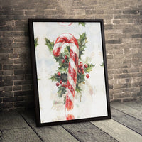 Watercolor Holly Berries Canvas Art, Christmas Candy Cane Wall Art Printable, Holiday Season Painting, Winter Decor Digital Download