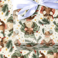 Western Holiday Santa Gift Wrap, Cowboy Santa Wrapping Paper, Rustic Country Christmas Wrapping Paper, Whimsical Pine Berry Gift Wrap Paper