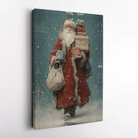 Nostalgic Winter Scene Canvas Print, Vintage Santa Claus Canvas Wall Art, Santa Presents Canvas Decor, Holiday Wall Art, Christmas Home Present