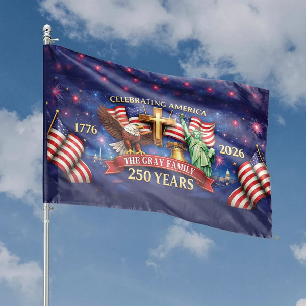 Celebrating America House Flag | 250 Years Patriotic Eagle Cross Liberty Fireworks Design | Premium Double-Sided Weather-Resistant Polyester | Commemorative Gift for Patriotic Families