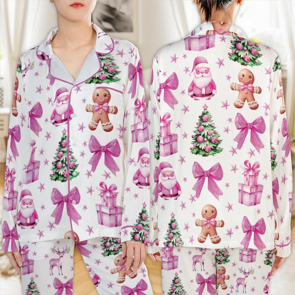 Santa Gingerbread Satin Pajamas, Pink Christmas Pajama Set, Adorable Holiday Sleepwear, Silky Winter Loungewear Set, Pastel X