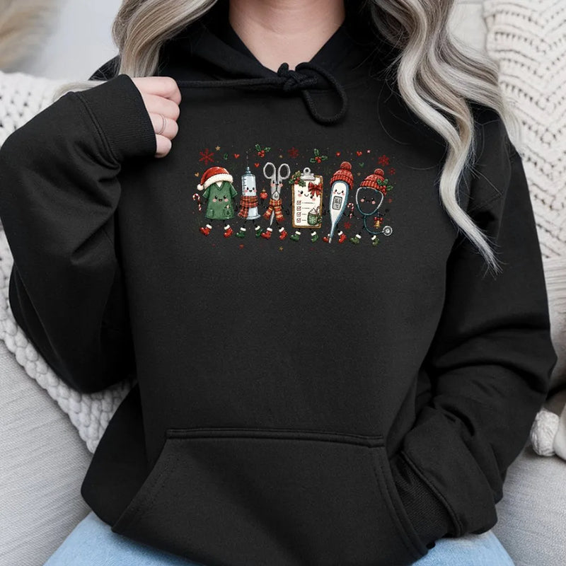 Humorous Nurse Christmas Hooded Sweatshirt, Medical Christmas Squad Hoodie, Adorable Holiday Doodle Hoodie, Healthcare Worker Present, Xmas Present
