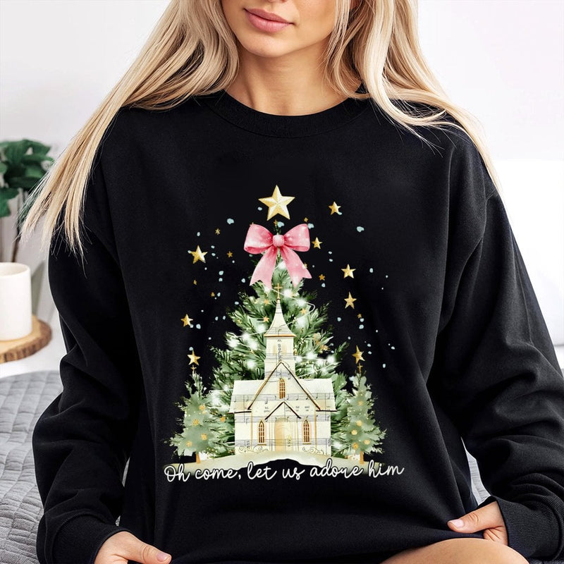 Watercolor Church Christmas Tree Crewneck, Oh Come Let Us Adore Him Sweatshirt, Christian Nativity Faith Holiday Pullover