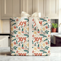 Poinsettia Floral Holiday Gift Wrap, Joy Christmas Wrapping Paper, Festive Typography Wrapping Paper, Xmas Present Wrap