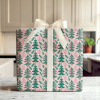 Modern Whimsical Holiday Gift Wrap, Pink and Green Christmas Tree Wrapping Paper, Pine Branch Xmas Wrapping Paper, Festive Present Paper