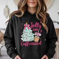 Christmas Coffee Lover Hooded Sweatshirt, Jolly and Caffeinated Hoodie, Retro Pink Christmas Tree Hoodie, Holiday Coffee Present