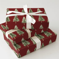 Rustic Red Christmas Gift Wrap, Watercolor Pine Tree Wrapping Paper, Deep Red Winter Forest Wrapping Paper, Festive Holiday Wrapping Paper