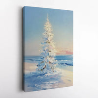 Snowy Coastal Impressionist Canvas Print, White Christmas Tree Beach Poster, Holiday Seaside Ocean Wall Art, Digital Download