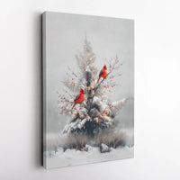 Snowy Christmas Tree Berries Canvas Print, Red Cardinal Winter Wall Art, Holiday Seasonal Decor, Nature Digital Download Canvas