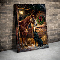 Snowy Christmas Stable Winter Scene Print, Horse and Labrador Canvas Wall Art, Holiday Farmhouse Decor, Digital Download