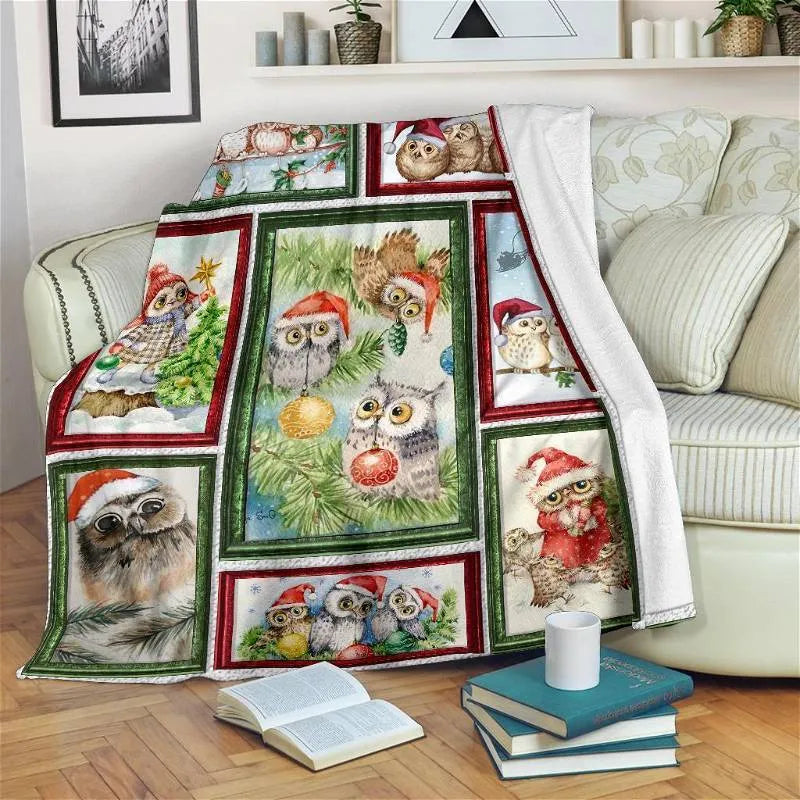 Festive Santa Hat Owl Blanket, Christmas Owl Throw Blanket, Holiday Patchwork Fleece Blanket, Adorable Winter Bird Blanket, Xmas Present