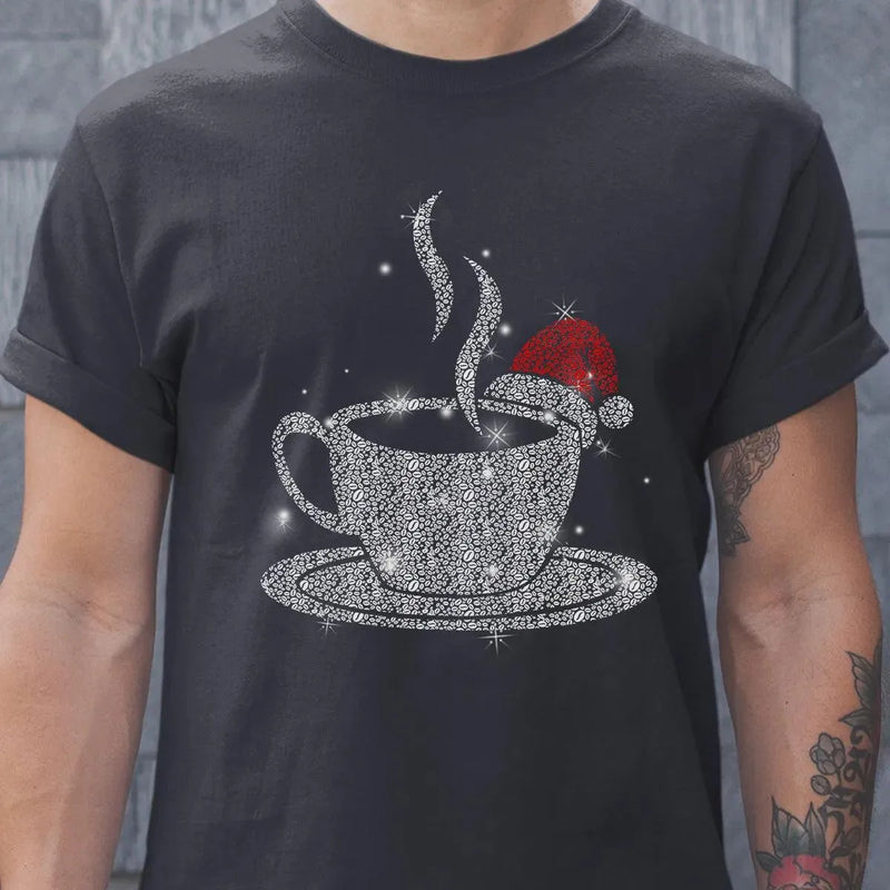Sparkling Santa Hat Coffee Cup Tee, Love Coffee Graphic T-Shirt, Christmas Coffee Lover Shirt, Winter Holiday Season Graphic Tee