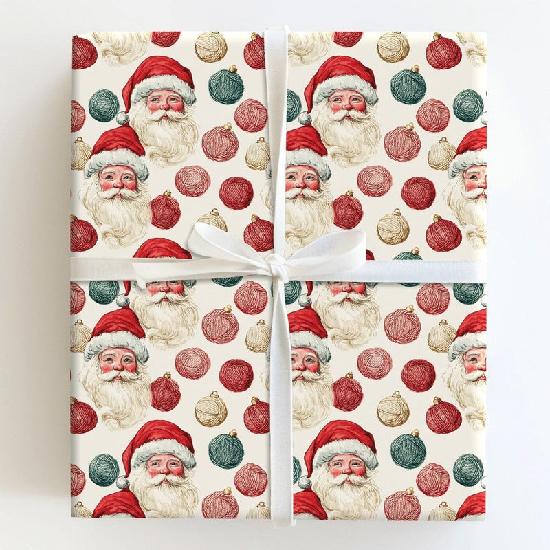 Yarn Ball Ornament Holiday Gift Wrap Roll, Retro Santa Christmas Wrapping Paper, Vintage Santa Claus Present Paper, Xmas Gift Wrap