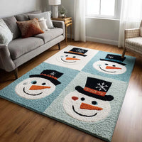 Four Snowy Faces Snowman Mat, Snowman Christmas Area Rug, Adorable Snowman Floor Rug, Winter Holiday Accent Rug, Festive Seasonal Decor Present