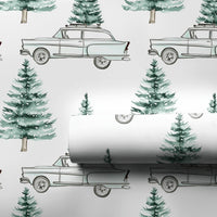 Watercolor Pine Christmas Wrapping Paper, Retro Blue Car with Tree Wrapping Paper, Vintage Winter Holiday Gift Wrap, Festive Xmas Paper Roll