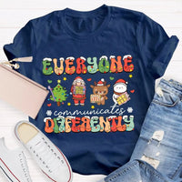 Festive Lights Neurodiversity Tee, Everyone Communicates Differently Christmas Shirt, SPED Teacher Holiday T-Shirt, ASL Xmas Present