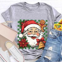 Retro Holiday Graphic Tee, Checkerboard Santa Gingerbread Man Christmas T-Shirt, Adorable Xmas Cookie Shirt, Festive Top