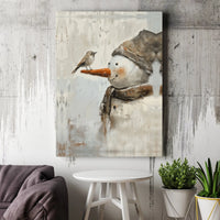 Rustic Oil Painting Landscape Print, Winter Snowman and Bird Canvas Wall Art, Farmhouse Christmas Poster, Digital Download Holiday Decor