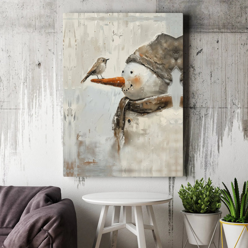 Winter Bird Oil Painting Canvas Print, Snowman Canvas Wall Art, Holiday Snowman Canvas, Christmas Wall Decor, Comfy Winter Home Decor Present