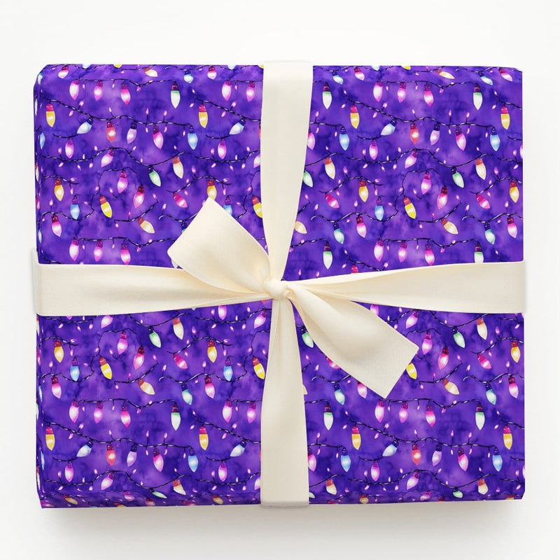 Purple Watercolor Holiday Gift Wrap, Christmas String Lights Wrapping Paper, Colorful Xmas Lights Wrapping Paper, Festive Winter Gift Wrap