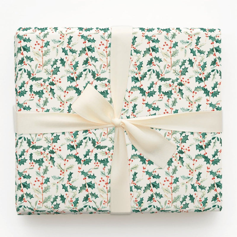 Traditional Christmas Gift Wrap, Watercolor Holly Berries Wrapping Paper, Botanical Winter Holiday Wrapping Paper, Festive Gift Wrap Roll