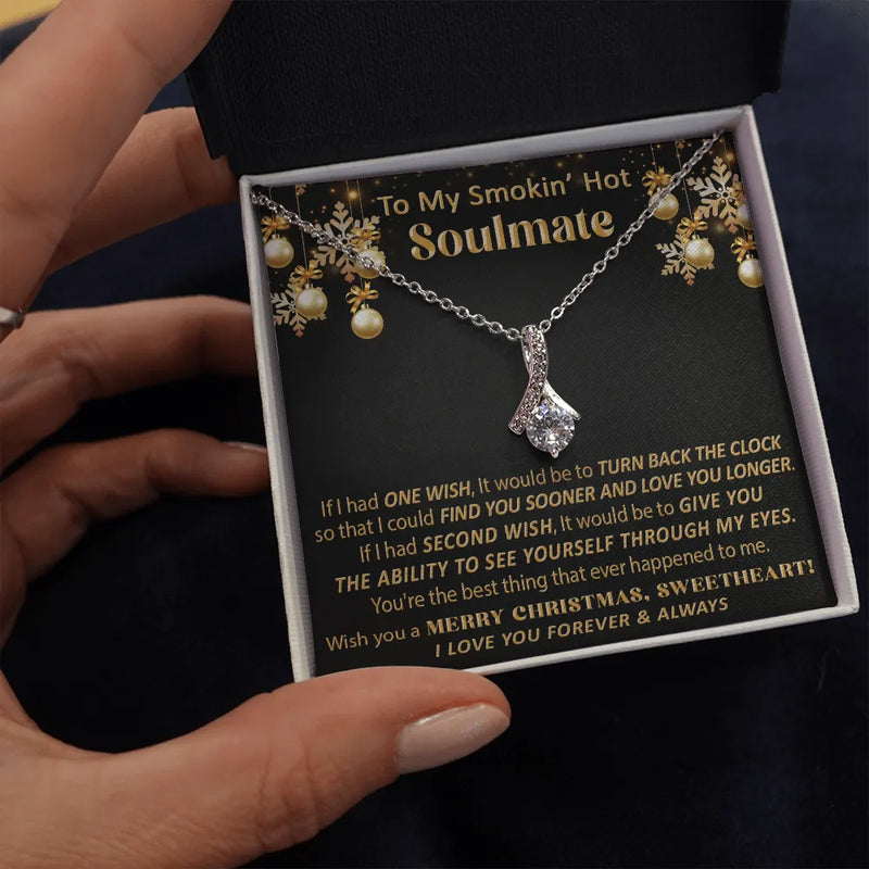 Cubic Zirconia Ribbon Pendant, Soulmate Christmas Ribbon Necklace, 14k White Gold Necklace, Romantic Holiday Jewelry for Her, Soulmate Present