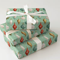 Retro Holiday Gift Wrap, Vintage Christmas Ornament Wrapping Paper, Mint Green Xmas Wrapping Paper Roll, Nostalgic Tree Baubles Wrap