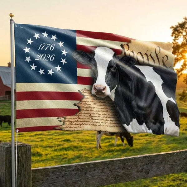 250 Years Dairy Cow Flag 1776-2026 | We The People Patriotic Farm Decor | Double-Sided Polyester House Flag | American Agriculture Gift