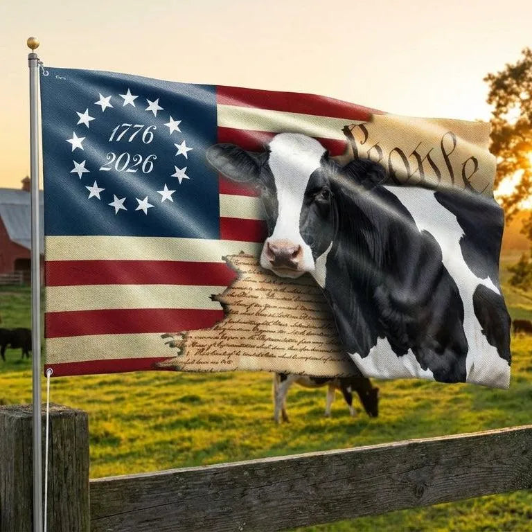 250 Years Dairy Cow Flag 1776-2026 | We The People Patriotic Farm Decor | Double-Sided Polyester House Flag | American Agriculture Gift