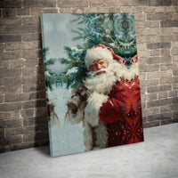 Snowy Christmas Tree Canvas Print, Vintage Santa Claus Canvas Wall Art, Retro Santa Wall Decor, Holiday Canvas, Christmas Present