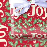 Red Holly Berry Gift Wrap, JOY Christmas Wrapping Paper, Festive Holiday Wrapping Paper, Xmas Gift Wrap Roll, Winter Present Wrapping Paper