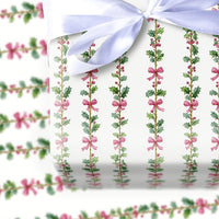 Pink Bow Garland Holiday Gift Wrap, Watercolor Holly Christmas Wrapping Paper, Festive Botanical Wrapping Paper, Elegant Gift Wrapping Paper