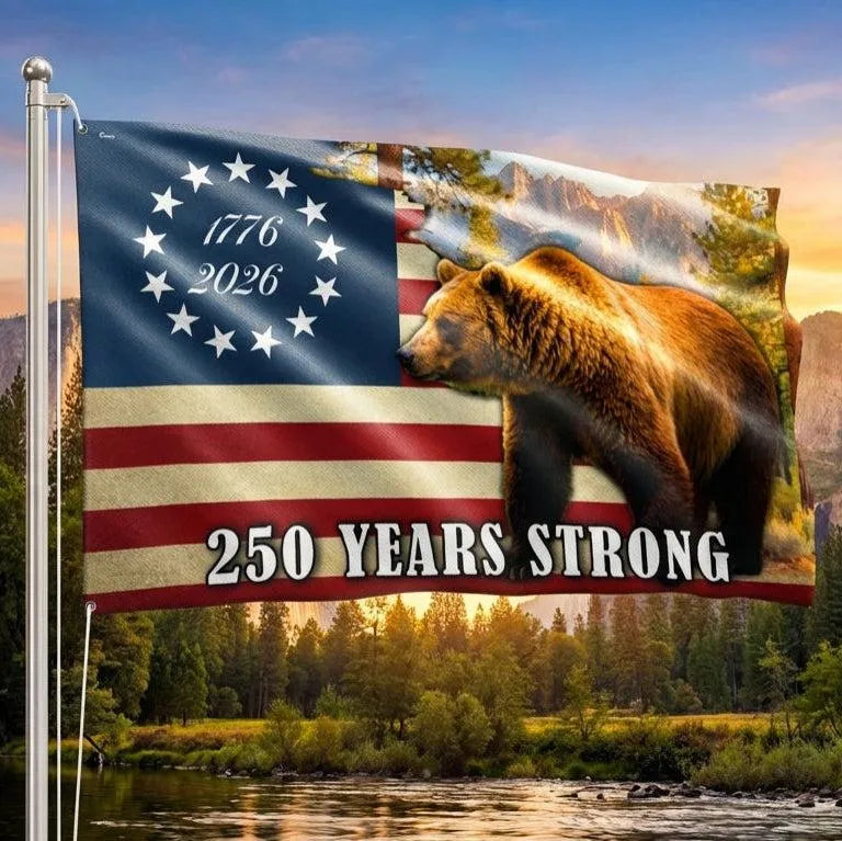 California Grizzly Bear Flag 250 Years Strong | Betsy Ross 1776-2026 Semiquincentennial | UV-Resistant Polyester Garden Flag | Patriotic Home Decor Gift